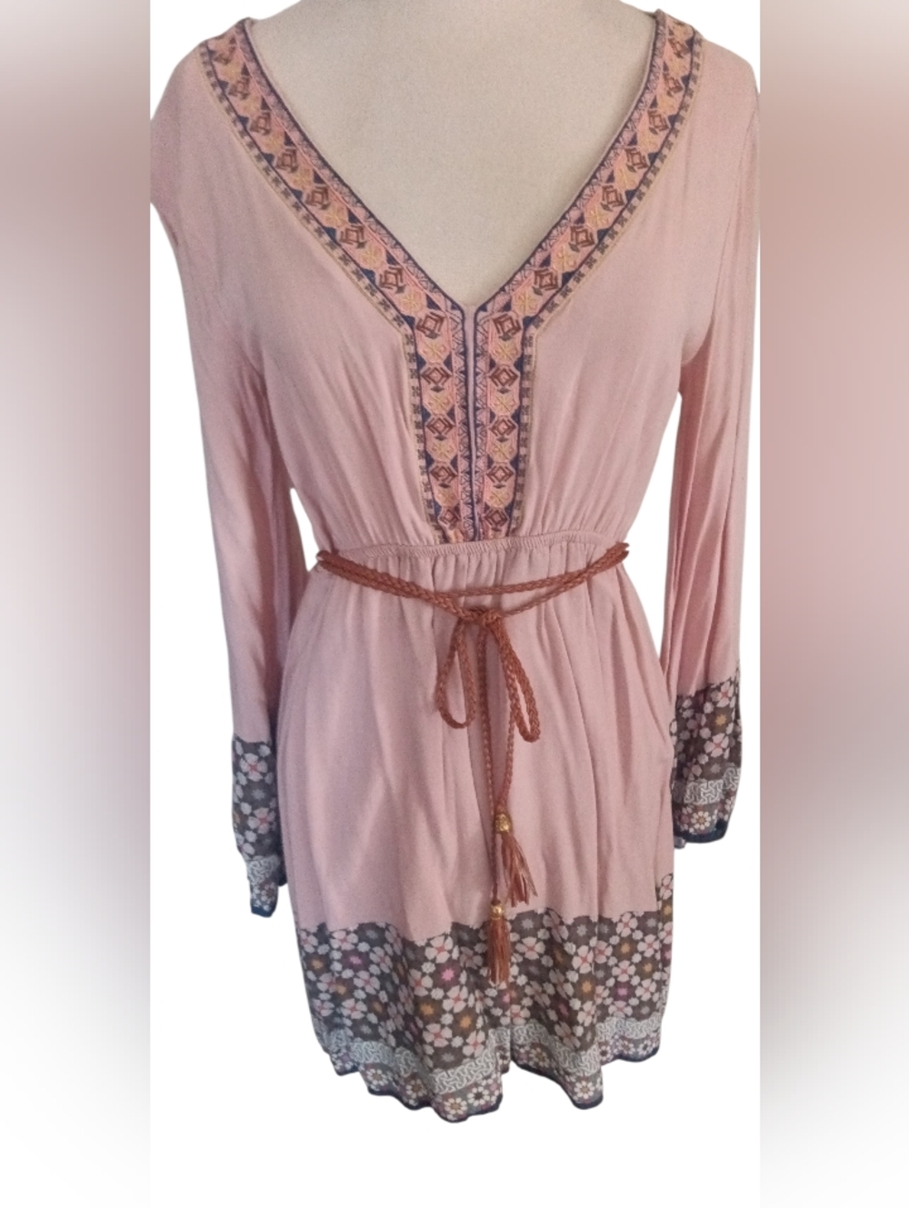 Peachpuff Bohemian Mini Dress Peach Multicolor Trim Flared Sleeves Lined Size M